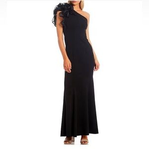 Aidan Mattox black ruffle one shoulder dress